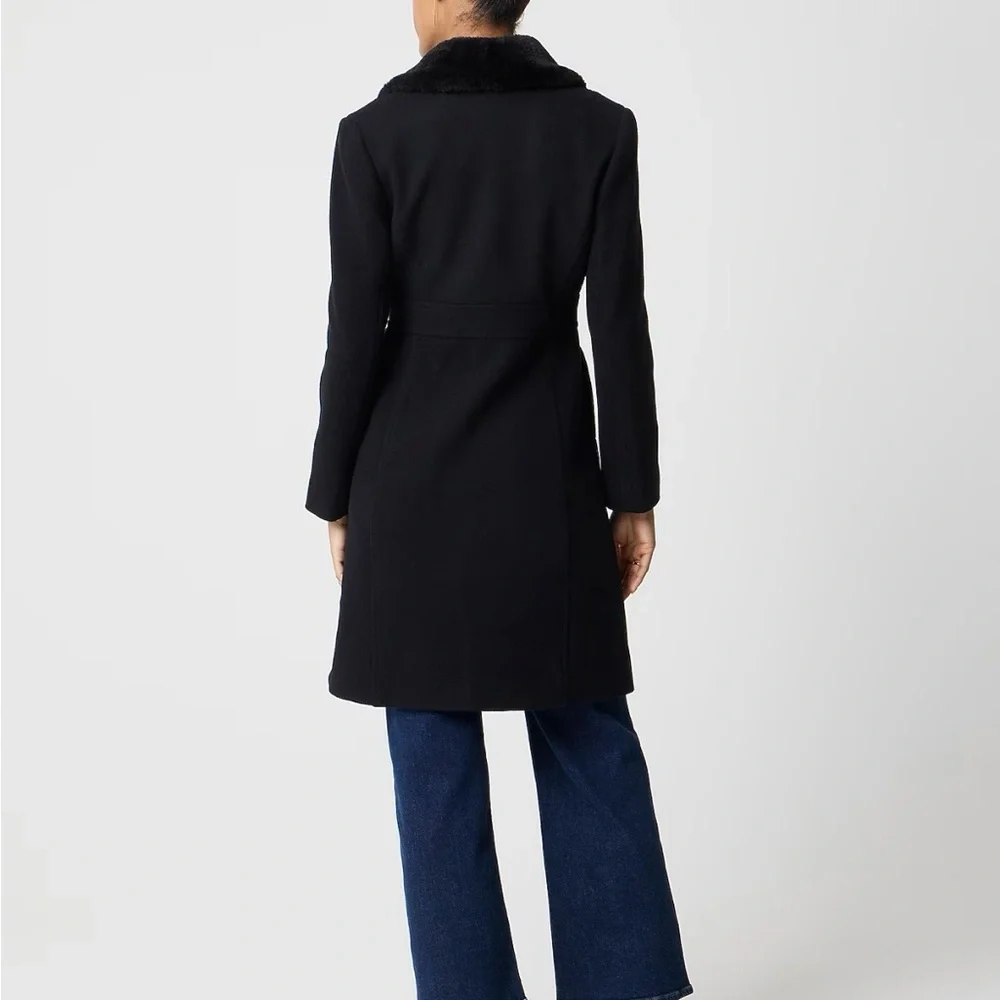 J. Crew Factory Black Trench Lady Day Coat with Faux Fur Collar - Picture 2 of 6